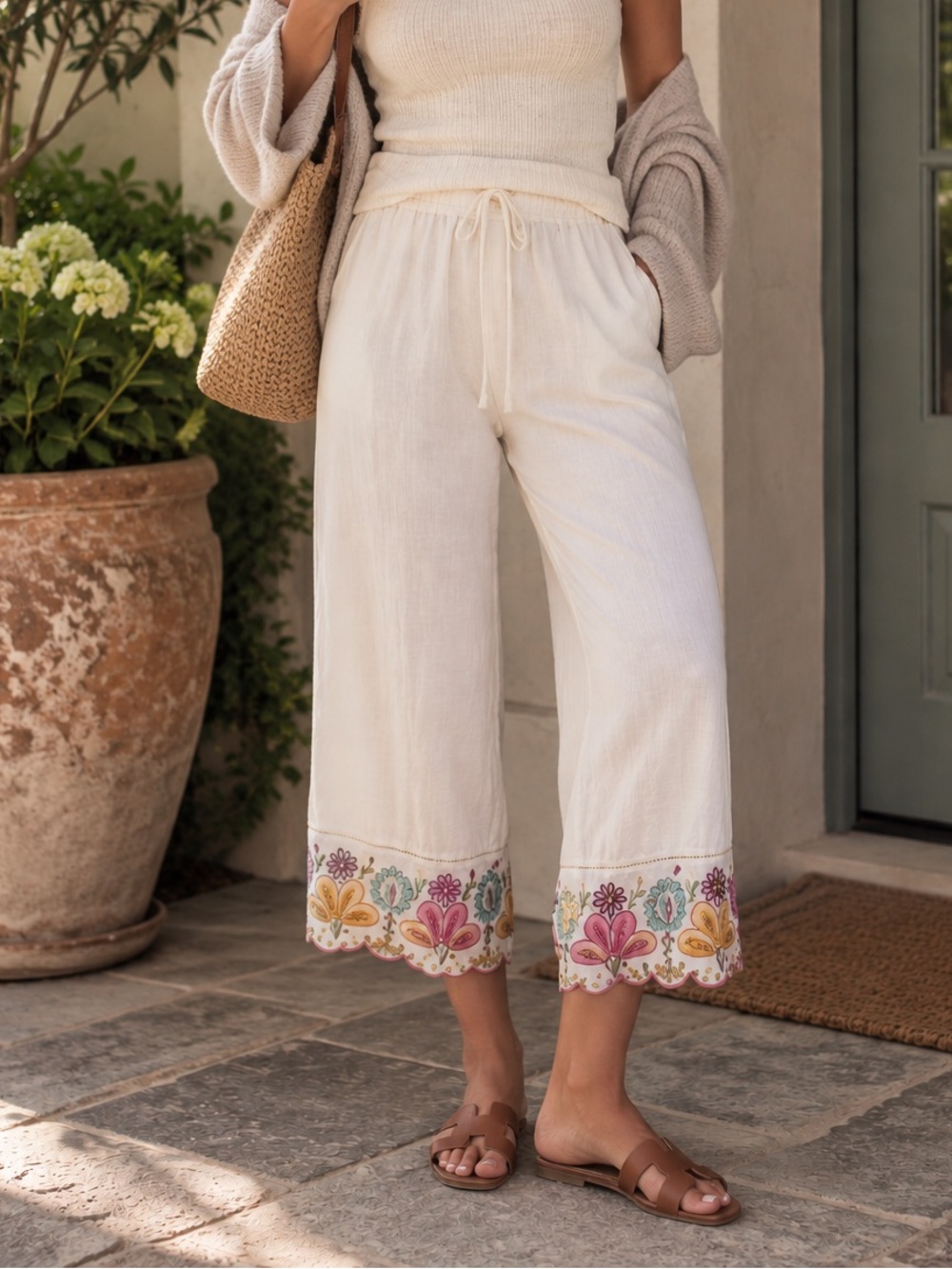 Anthropologie White Lounge Bottoms with Floral Embroidery